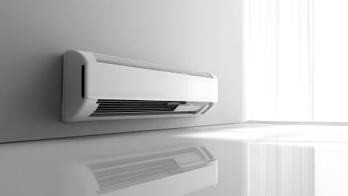Minimalist air conditioner floating in a glass-slick white room.