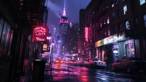 Rain-soaked neon city street glows under magenta skyline.