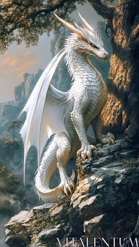 Majestic white dragon surveys a misty mountain valley.