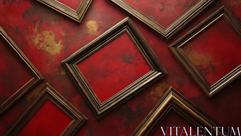 Empty wooden frames on red textured wall surface.