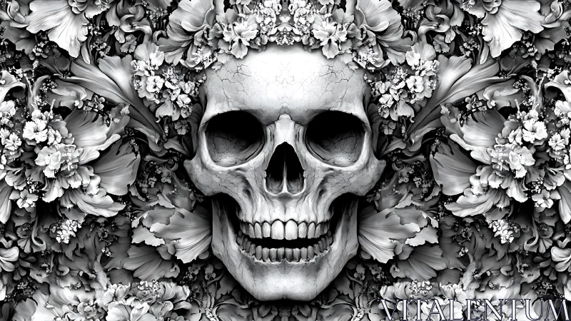 Skull emerging from ornate monochrome floral tapestry.