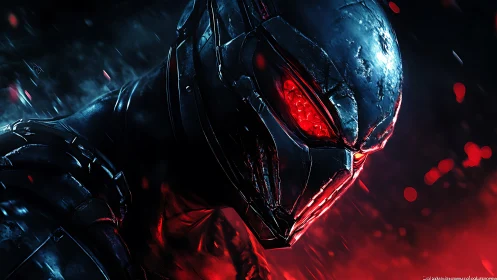 Cybernetic assassin helmet with molten red visor glow.