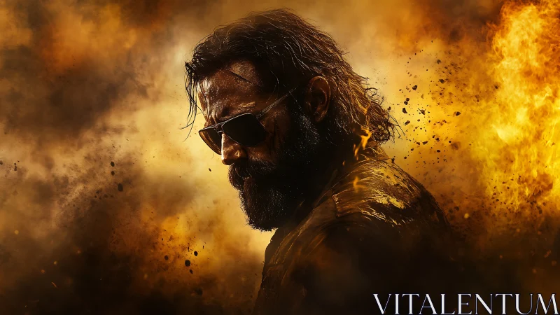 Smoldering outlaw turns his back as the firestorm rises