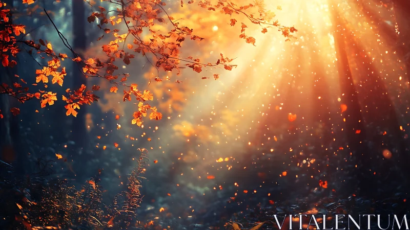 Golden autumn light pours through a tranquil forest canopy