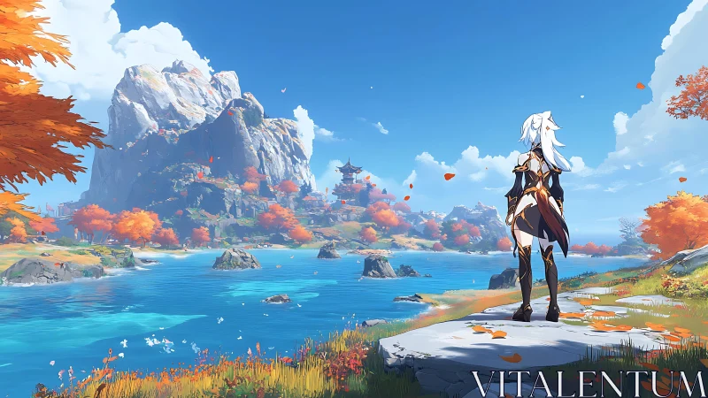 Wanderer of amber shores gazes over crystalline valley.