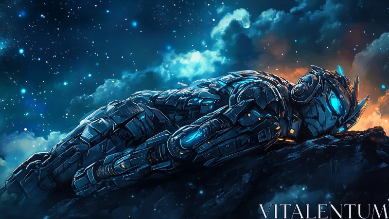 Stargazing robot resting quietly under a glowing sky.