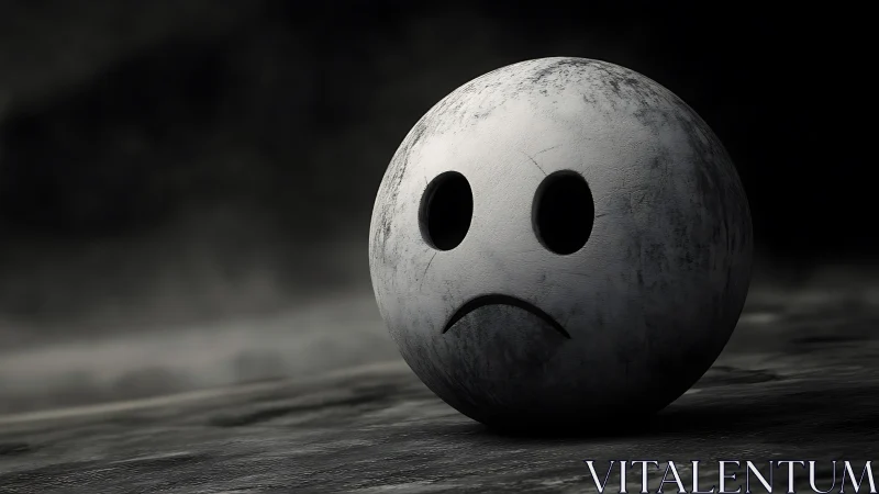 Spherical face icon on textured ground in dim lighting.