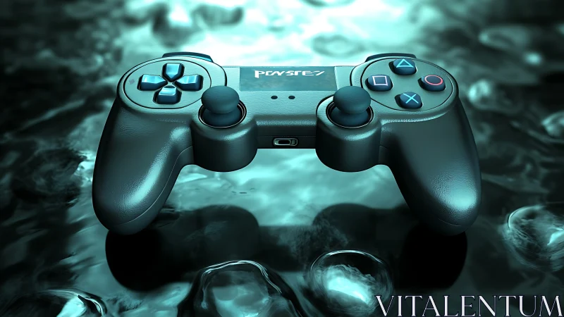 Midnight game controller drifting over glowing liquid calm.