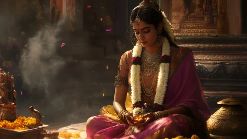 Graceful temple devotee in soft golden morning light.