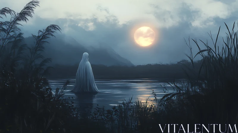 Moonlit shrouded wanderer beside a haunted, misted lake.