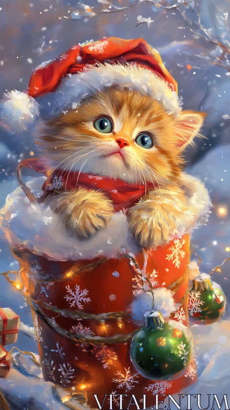 Snowy-eyed Christmas kitten pops from a glowing gift tube