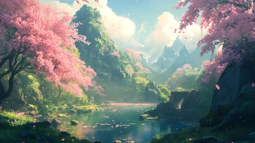 Serene cherry blossom valley cradling a peaceful river.