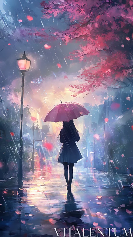 Umbrella-warmed footsteps stitch color into the rainy dusk