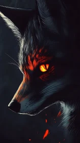 Fox portrait shows glowing orange eye and ember-like fur highlights