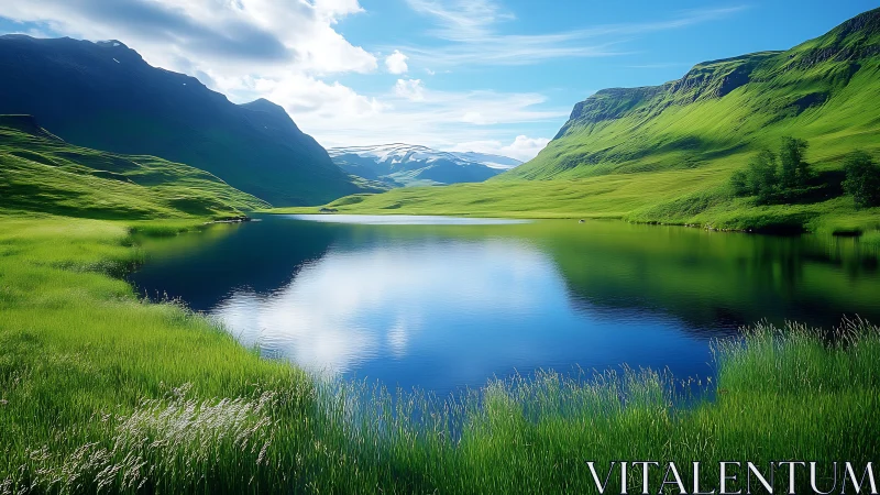 Mountain lake and green valley under clear summer sky.