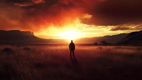 Sunset wanderer standing in glowing open prairie light.