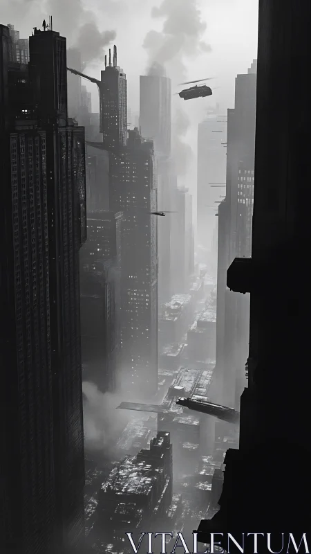 Monochrome vertical megacity canyon with flying traffic.
