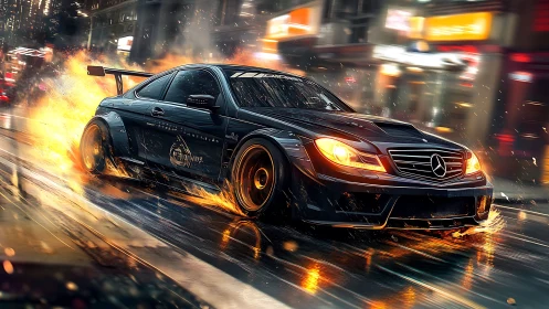 Midnight drift machine blazing through neon city rainstorm.