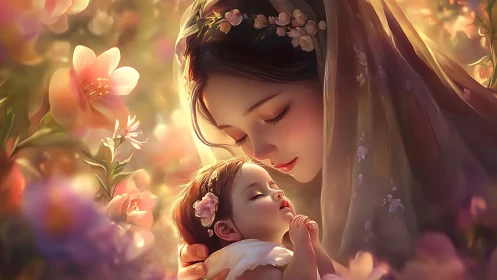 Woman with Infant in Floral Garden Setting