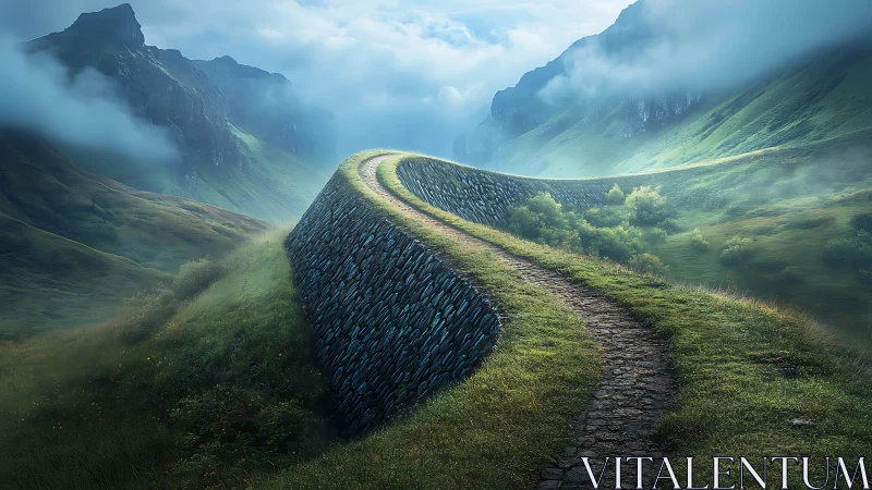 Curving stone road winds through misty emerald valley at dawn.