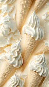 High-key overhead composition of vanilla soft serve cones