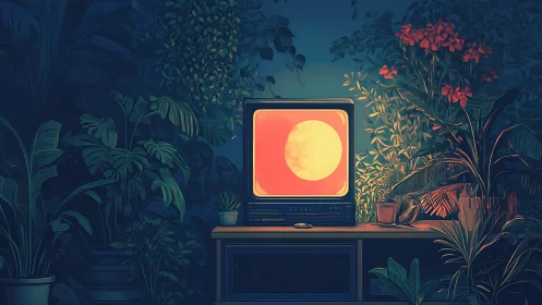 Vintage TV glows with a moon amid lush nocturnal jungle
