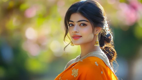Elegant woman in orange saree with gold accents, soft bokeh background.