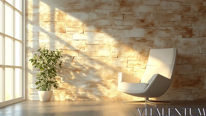 Sunlit lounge chair beside potted plant in serene interior.