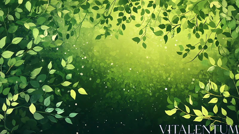 Sunlit foliage frames glowing green forest clearing