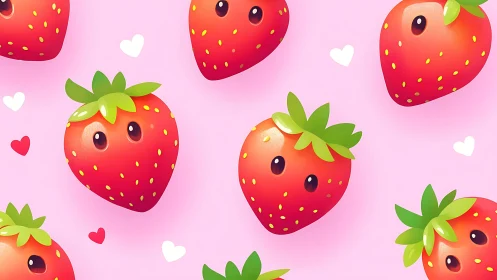 Repeated stylized strawberries form a uniform seamless pattern