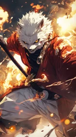 Blazing wolf samurai lunges through firelit battlefield skies.