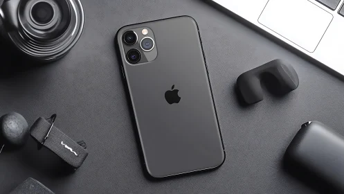 iPhone 11 Pro with Professional Audio Gear Flatlay.