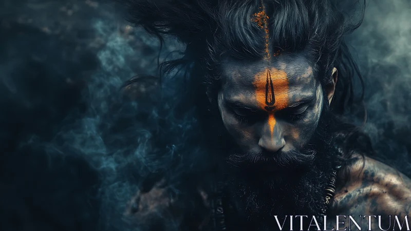 Man with orange forehead markings looks down in smoky dark