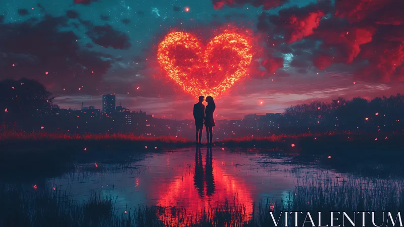 Couple Under Glowing Heart Sky.