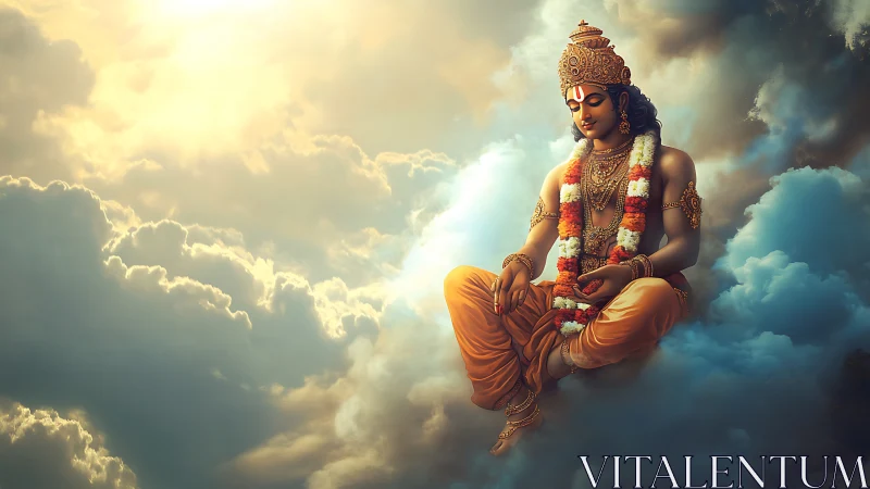Divine deity seated on sunlit clouds in serene meditation.