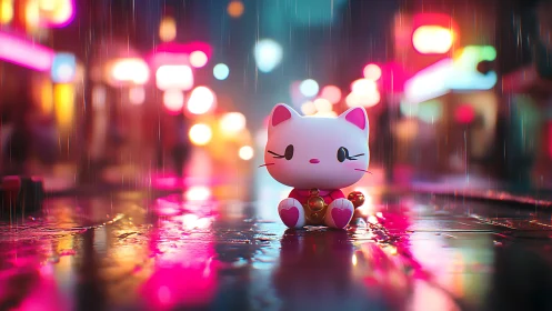 Neon lit rainy street with kawaii cat figure and bokeh lights