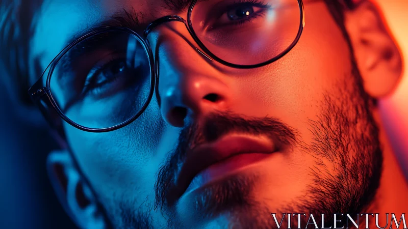 Neon-lit gaze weighs secrets in cool blue and ember orange