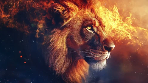Lion profile integrates with digitally rendered flame elements