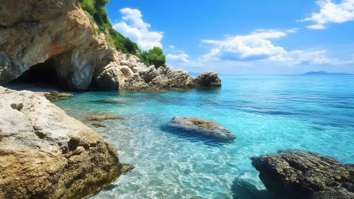 Sunlit cove daydream with crystal tides and rocky guardians.