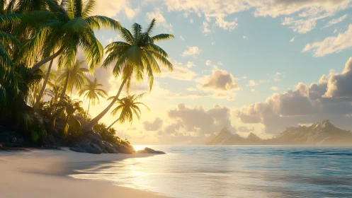 Tropical Beach Sunset with Palm Trees Island.