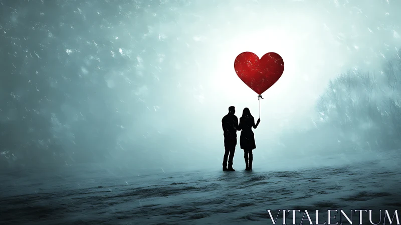 Silhouetted Couple Holding Red Heart Balloon in Atmospheric Seascape.
