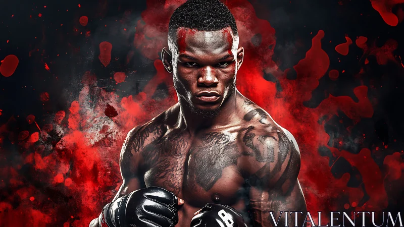 Musculature athlete portrait with red particle dissolution effect.