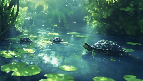 Turtles glide through sunlit forest pond with drifting lilies