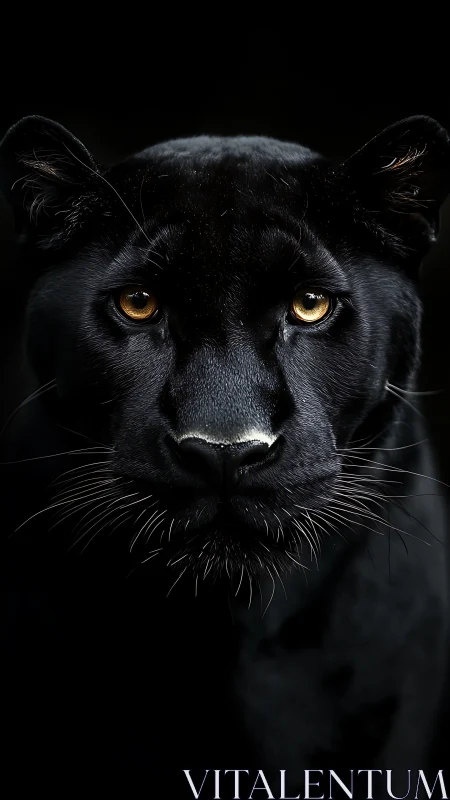 Black Panther Frontal Portrait with Amber Eyes Against Dark Backdrop