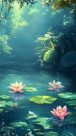 Sunlit forest pond holds blooming pink water lilies