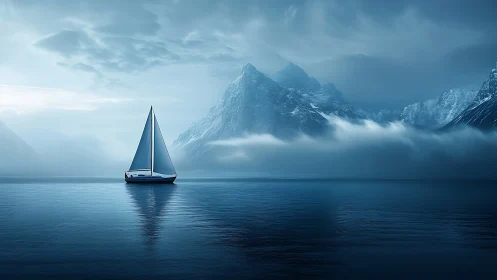 Minimalist sailboat in misty glacial fjord digital painting.