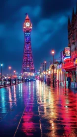 Illuminated coastal tower and wet promenade at night