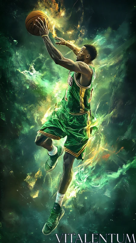 Basketball player soars through neon flames in heroic motion