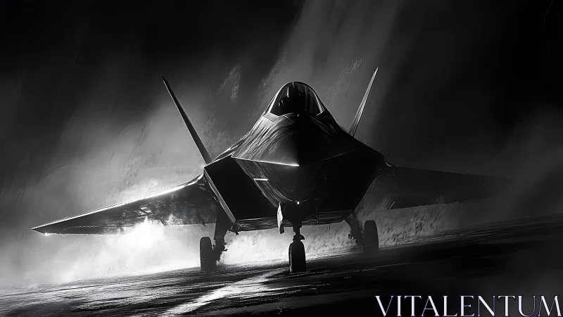 Stealth jet waits on wet runway under dramatic backlight.