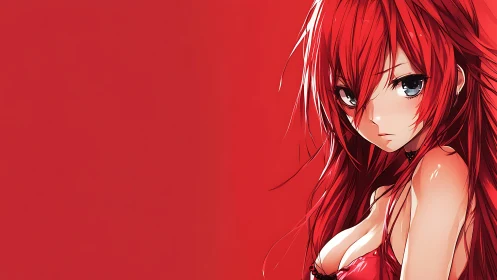 Scarlet haired anime girl against bold red backdrop.